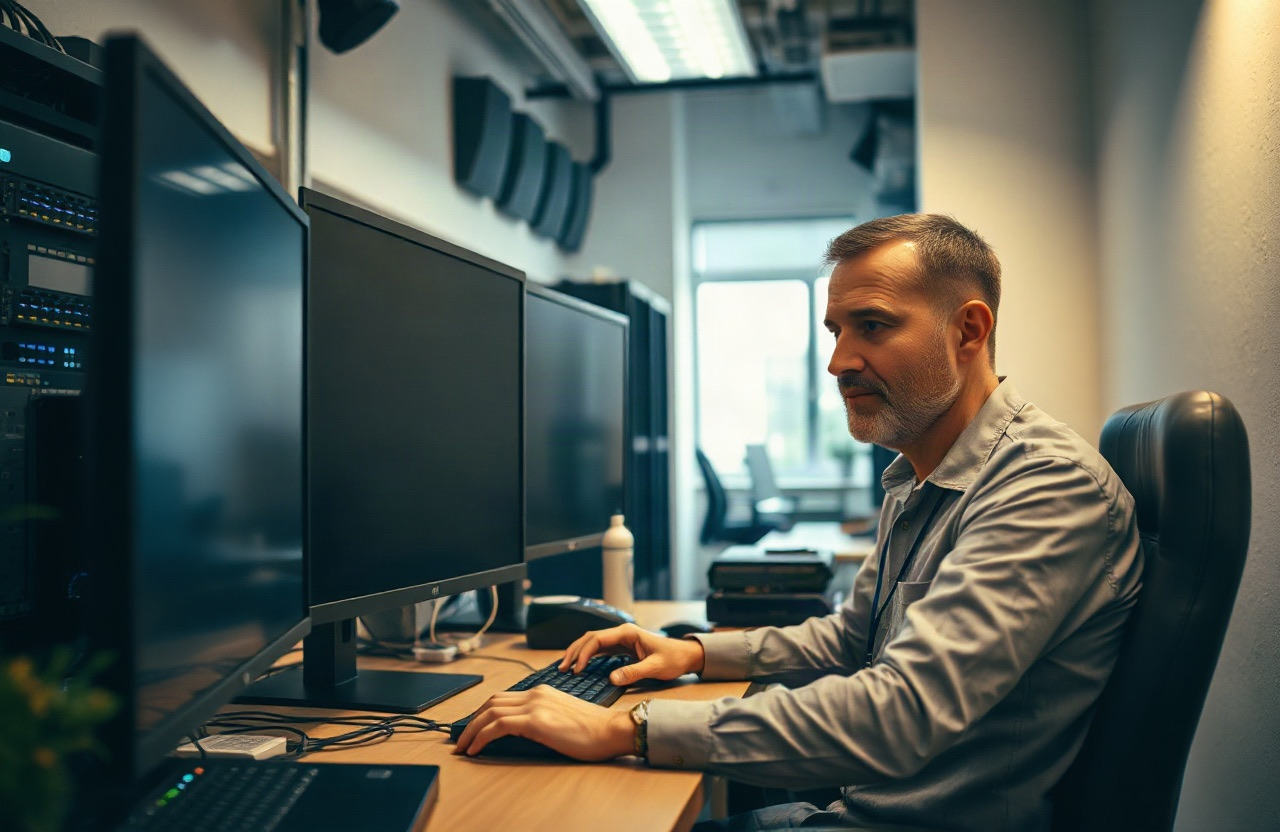 Documentary photo of a Polish IT professional in his 40s sitting at a desk in a small server room